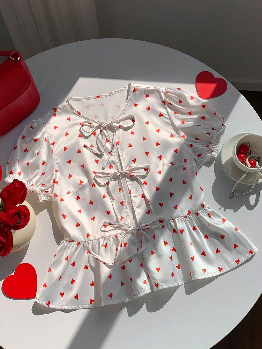 Comfortcana Women's Valentine's Day Heart Print Tie Front Shirt Valentine Clothes - White - View 1
