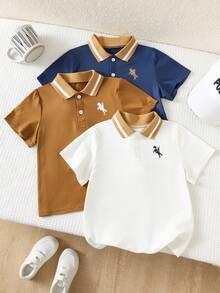SHEIN 3件装男童休闲运动学院风印花图案Polo衫，适合儿童，返校季、日常穿着、运动、春夏穿着。 - 彩色 - 查看 4