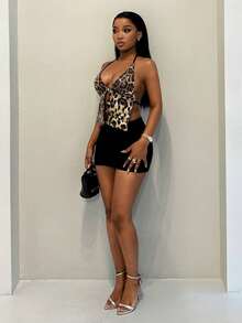 BamGleam Sequin Leopard Print Women Tank Top,Spring/Summer Fashionable Sexy Cheetah Glitter Lace Up Backless Camisole Tops,Y2K Young Vacation Sexy Avant-Garde Shiny Strap Crop Top,Sexy Party Outfits,Beach Camis,Casual Women's Beaded Blouse,Suitable For Music Festival,Travel, Gathering,Birthday,Holiday,Valentine's Day,Party/Club/Night Out/Rave Festival Clothes,Going Out Daily Wear - Brown - View 5