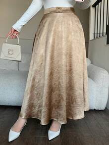 Dazy Plus Elegant Textured Fabric A-Line Skirt With Belt Decor, Plus Size For Party Wear - Khaki - View 1