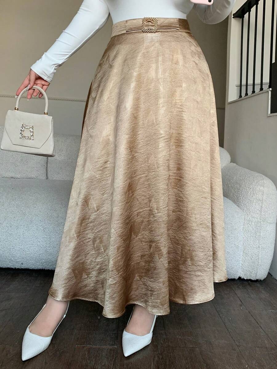 Dazy Plus Elegant Textured Fabric A-Line Skirt With Belt Decor, Plus Size For Party Wear - Khaki - View 1