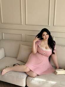 Vibekara 大码甜美优雅蕾丝拼接A字连衣裙 - 粉色 - 查看 5