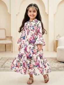 SHEIN 少女碎花立领休闲连衣裙 - 藍色 - 查看 3