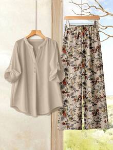 Rusticease Casual Minimalist Apricot Long Sleeve Shirt & Printed Pants 2 Pieces Set, Suitable For Early Spring, Spring & Summer, Versatile Style Carnival