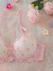 FloralLove Áo ngực nữ kiểu balconette thêu hoa, cúp 3/4, có gọng, nâng ngực, nơ, viền bèo nhún, gấu áo xếp ly, ngọt ngào, dễ thương, thoải mái. - Hồng - Xem 6