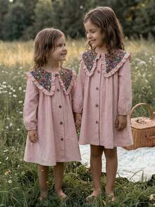 Emery Rose Kids Emery Rose Kids 女童纯色拼接碎花彼得潘领休闲连衣裙，女童春秋法式连衣裙，秋装，舒适秋冬款式，圣诞节，秋季服装，长袖，秋季连衣裙，女童碎花蕾丝领连衣裙，舒适秋冬款式，秋季，粉色连衣裙，秋季连衣裙，长袖 - 粉色 - 查看 4