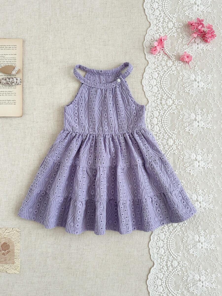 SHEIN Vintaside Kids Spring/Summer Baby Girls' Knitted Textured Jacquard Halter Waist Dress, Vacation Style, Layered Cake Design, Elegant Purple Loose Casual Fashion - Purple - View 1