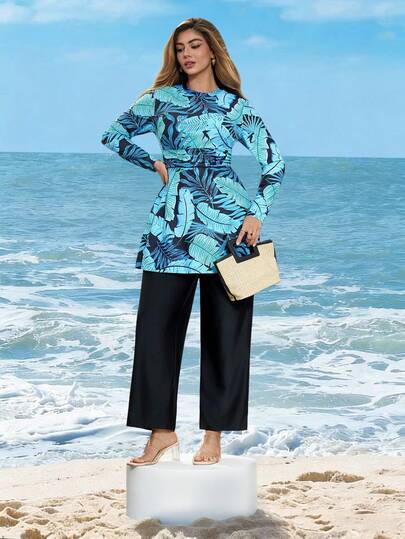 Swim Mulvari Plus Size Plant Print Long Sleeve Top And Black Pants Two-Piece Burkini Set