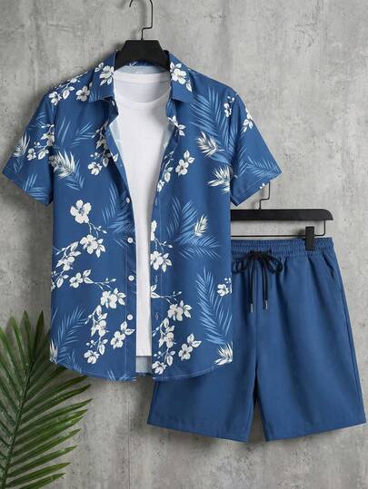 Manfinity Swimmode Floral Print Button-Front Shirt And Solid Color Asymmetric Pocket Shorts Set Short Set Men's Flowers Matching Vacation Sets Men Men 2 Pieces Set Summer
