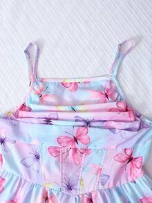 可爱优雅的蝴蝶印花拉链吊带连衣裙，适合13-16岁少女，紫色和粉色 - 紫色 - 查看 4