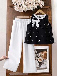 2pcs Set Fashionable Casual Versatile Bowknot & Pearl Sleeveless Top & Pants, Suitable For Spring/Summer - White - View 3