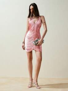 Arave Đầm mini thanh lịch dành cho nữ, chất liệu vải chéo dệt, kiểu cổ yếm, cổ chữ V sâu, hở lưng, có tua rua và họa tiết ghép mảnh. - Hồng - Xem 7