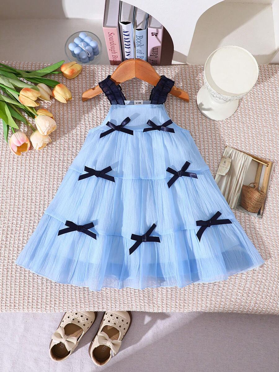 SHEIN Elladie kids 女宝宝可爱蝴蝶结吊带连衣裙,夏季 - 藍色 - 查看 1