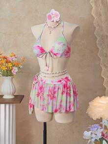 Bellisia 26SS 夏季度假海滩休闲绿色粉色百合花荷叶边波浪裙摆三件套，女士泳装到货，适合上学、度假、约会、下午茶、西式、邮轮、海滩、海岛、公路旅行、四季皆宜、音乐节、波西米亚风度假、凉爽秋季、西部波西米亚风，优雅上衣女式半身裙泳装套装沙滩裙套装泳装三件套半身裙比基尼套装夏季两件套 - 彩色 - 查看 1