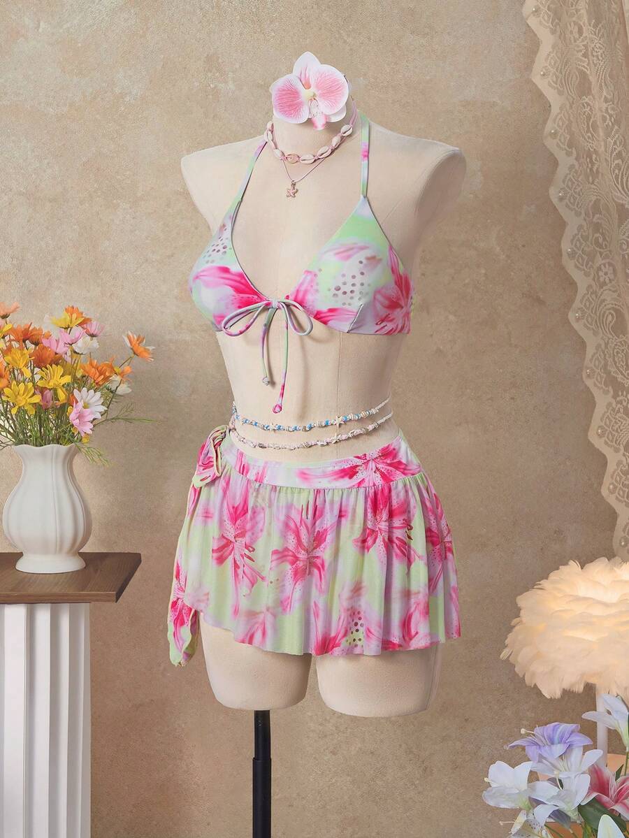 Bellisia 26SS 夏季度假海滩休闲绿色粉色百合花荷叶边波浪裙摆三件套，女士泳装到货，适合上学、度假、约会、下午茶、西式、邮轮、海滩、海岛、公路旅行、四季皆宜、音乐节、波西米亚风度假、凉爽秋季、西部波西米亚风，优雅上衣女式半身裙泳装套装沙滩裙套装泳装三件套半身裙比基尼套装夏季两件套 - 彩色 - 查看 1