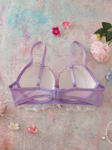 FloralLove Valentine's Day Heart Embroidery Floral Underwire 3/4 Cup Uplift Push Up Cleavage Enhancing Comfy Balconette Cute Fresh Romantic Backless Bow Cute Babydoll Women's Bra