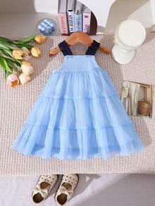 SHEIN Elladie kids 女宝宝可爱蝴蝶结吊带连衣裙，夏季 - 藍色 - 查看 2