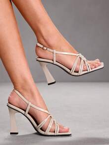 CUCCOO SZL Giày nữ mùa xuân/hè, gót dày, quai ngang, sandal cao gót gợi cảm cho kỳ nghỉ. - Màu nude - Xem 4