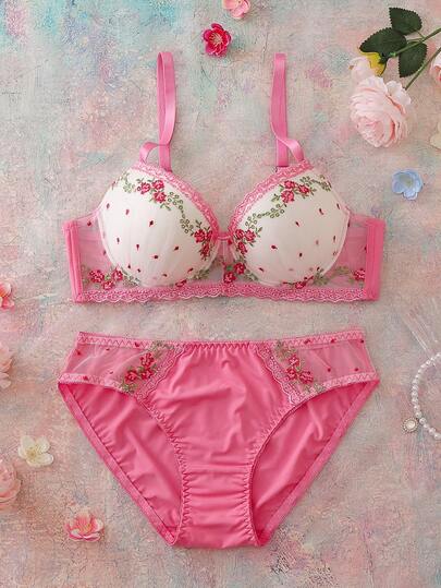 FloralLove 2pcs Floral Embroidered Cute Underwire Padded Push-Up Balconette Strapless Comfortable Pastoral Romantic Women Lingerie Set