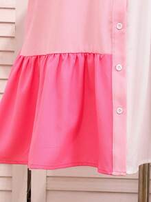 SHEIN Tween Girls Pink Dress,Cute Summer Tea Party Pink And White Striped Colorblock Ruffle Hem Fitted Flare Sleeve Woven Fabric Back To School Everyday - Baby Pink - View 13