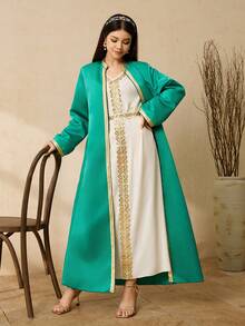 Elegant Sequin Lace Ribbon V-Neck Belted Dress & Long Cardigan Set, Modest Style For Teen Girls