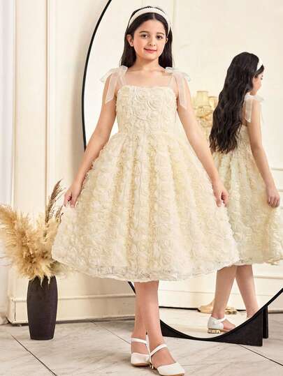 SHEIN 少女蝴蝶结装饰3D花朵优雅连衣裙