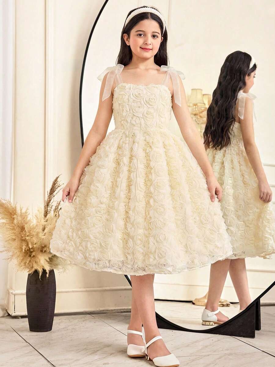 SHEIN 少女蝴蝶结装饰3D花朵优雅连衣裙 - 杏色 - 查看 1
