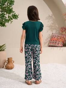 Elladie kids 2pcs/Set Young Girls Flutter Sleeve Top & Printed Straight Pants, Suitable For Vacation, Outings, And Casual Wear - Dark Green - View 2