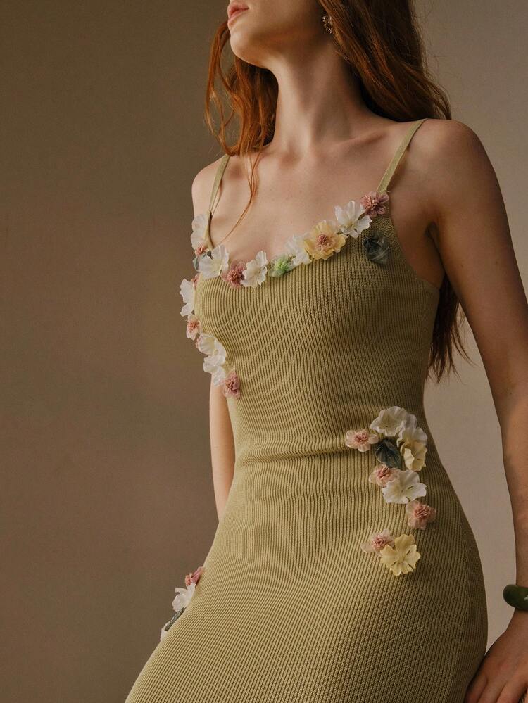FLORAL APPLIQUE FITTED CAMISOLE SWEATER DRESS