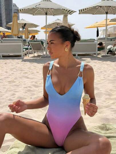  Shapewave-D Women's Summer Beach Shapewear Transparent Blue-Pink Tie Dye Swimsuit, Adorned With Metal Ring Design, Soft & Chic One-Piece Swimwear