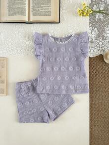 SHEIN 2件套女婴夏季返校季服装，3个月-3岁，紫色提花休闲可爱荷叶边领短袖T恤上衣搭配松紧腰短裤，柔软时尚，适合春夏外出和居家穿着，是馈赠佳品。 - 紫色 - 查看 3