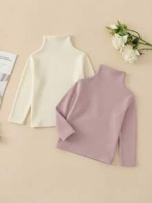 SHEIN 2件套女婴秋冬服装，返校季，适合6个月至3岁宝宝，杏色和粉色休闲简约弹力高领长袖上衣，舒适柔软，适合春、秋、冬季外出和居家穿着，可作为礼物。