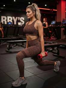 Innovista Women's Leopard Print Criss-Cross Back Sports Bra And Hollow-Out Leggings Fitness Set  Seamless High Support Sports Set, Removable Pads, Adjustable Straps, Leopard Print In Purple-Red & Khaki, Mesh Detailing On Crop Top & Leggings, Back Cross Design, Tummy Control, Quick Dry Activewear For Yoga, HIIT, Gym, Running, Outdoor Exercise, UV Protection, Daily Athleisure, Comfortable & Versatile Performance Gear, Premium Quality Fitness Set Brown Yoga Set Animal Print Workout Leggings - Brown - View 12