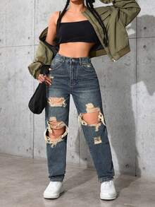 SHEIN ICON Jeans de talle alto lavados y desgastados de talla grande - Neblina azul - Ver 4