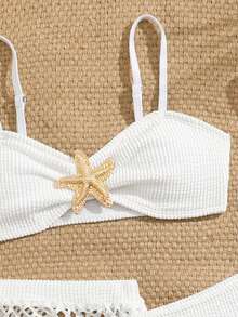 SHEIN 3pcs Girls Elegant Minimalist Bikini Set With Starfish Decor, Paired With Ruffle Beach Dress, Suitable For Vacation, Beach, Swimming, Ideal Summer Swimwear For Teens Swimsuits For Teen Girls White Tween Starfish Bikini Bikini Set For Women Kids Bikini Set For Teenagers Kids Bikini Set High Waist Crochet Two Piece Set High Waist Swimsuit Set Girls Beach Sets Beach Girl Outfit High Waist Bikini Set - Multicolor - View 7