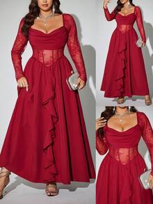 Viva Relle 大码优雅复古可爱蕾丝拼接荷叶边领长袖酒红色派对连衣裙，浪漫女士连衣裙，秋冬款 - 酒紅色 - 查看 2