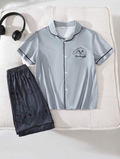 2pcs Boys' Casual Rabbit Sketch Print Short Sleeve Shorts Set, Lightweight & Comfortable Loungewear, Summer