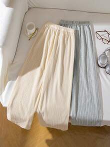 2pcs Striped Crinkle Knit Straight Leg Pants, With Letter Woven Label, Suitable For Casual Wear Like Walking, Shopping, School For Girls Aged 8-12 - Multicolor - View 2