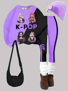 两件套女童休闲韩流卡通人物印花长袖圆领卫衣和针织打底裤套装，撞色设计，舒适针织长袖套装，适合秋冬季穿着 - 彩色 - 查看 4