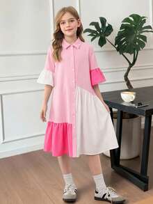 SHEIN Tween Girls Pink Dress,Cute Summer Tea Party Pink And White Striped Colorblock Ruffle Hem Fitted Flare Sleeve Woven Fabric Back To School Everyday - Baby Pink - View 8