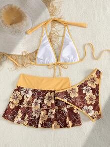 Bellisia Women's Summer Beach Music Festival Flower Pattern Skirt Halter Casual Vacation Style Bikini 3 Pieces Set - Multicolor - View 2