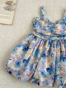 SHEIN Newly Launched Baby Girl's Dress With Flower Digital Print, Suspenders, A Cinched Waist And An Umbrella-Shaped Skirt! It's Comfortable, Fashionable, Outing, Elegant, Sweet, Lovely And In Princess Style, A Must-Have For Daily Wear And . - Blue - View 6