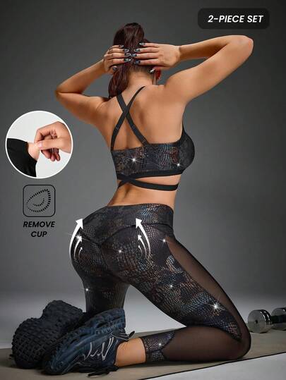 Innovista Women's Snake Skin Pattern Mesh Patchwork Leggings, Other Dance Wear Luxury Animal Print Glossy Sports Set With Contrast Stitching, Booty Lifting Leggings & Breathable Crop Top, Adjustable Straps, Detachable Cups, PU Leopard/Snake Print, Mesh Cut-Out Design, Backless, High Elastic Stretch Activewear For HIIT, Yoga, Gym, Party, CrossFit, Outdoor, Brunch – Versatile Athleisure Set For Working Mom, Pilates, Fitness, Sexy & Stylish