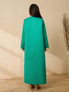 Elegant Sequin Lace Ribbon V-Neck Belted Dress & Long Cardigan Set, Modest Style For Teen Girls