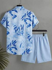 VENTUSAIL Floral Print Button-Front Shirt And Solid Color Slant Pocket Shorts Set Men Beach Outfit Set Men 2 Pieces Set Vacation, Holiday - Multicolor - View 3