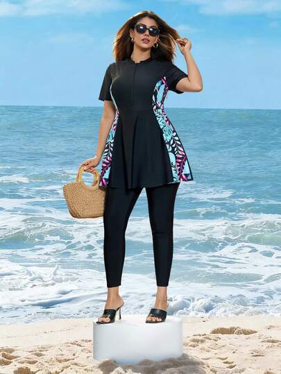 Swim Mulvari Plus Size Women 2-Piece Fashionable Printed Patchwork Short Sleeve Zipper Dress With Long Pants, Vacation Bikini Swimsuit