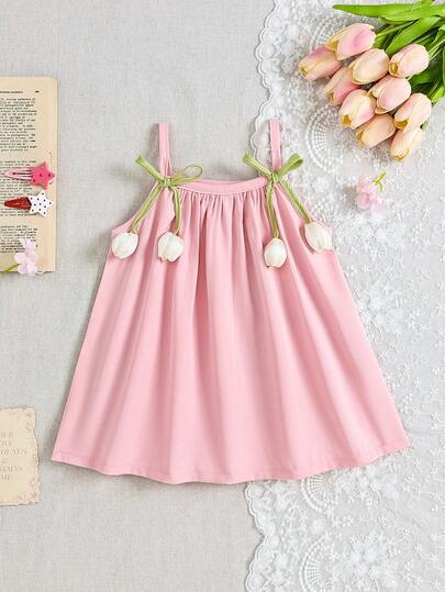 SHEIN 1pc Baby Girls Sleeveless Strap Pink Dress Skirt, Loose Casual Sweet Elegant Tulip Flower Decor Cute Strap Dress, Suitable For Summer Daily Outings, Travel, Beach, Photography
