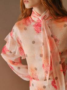 MOTF PREMIUM WOMEN'S FLORAL POLKA DOT PRINT RUFFLE LANTERN SLEEVE TIE NECK TOP - Multicolor - View 2