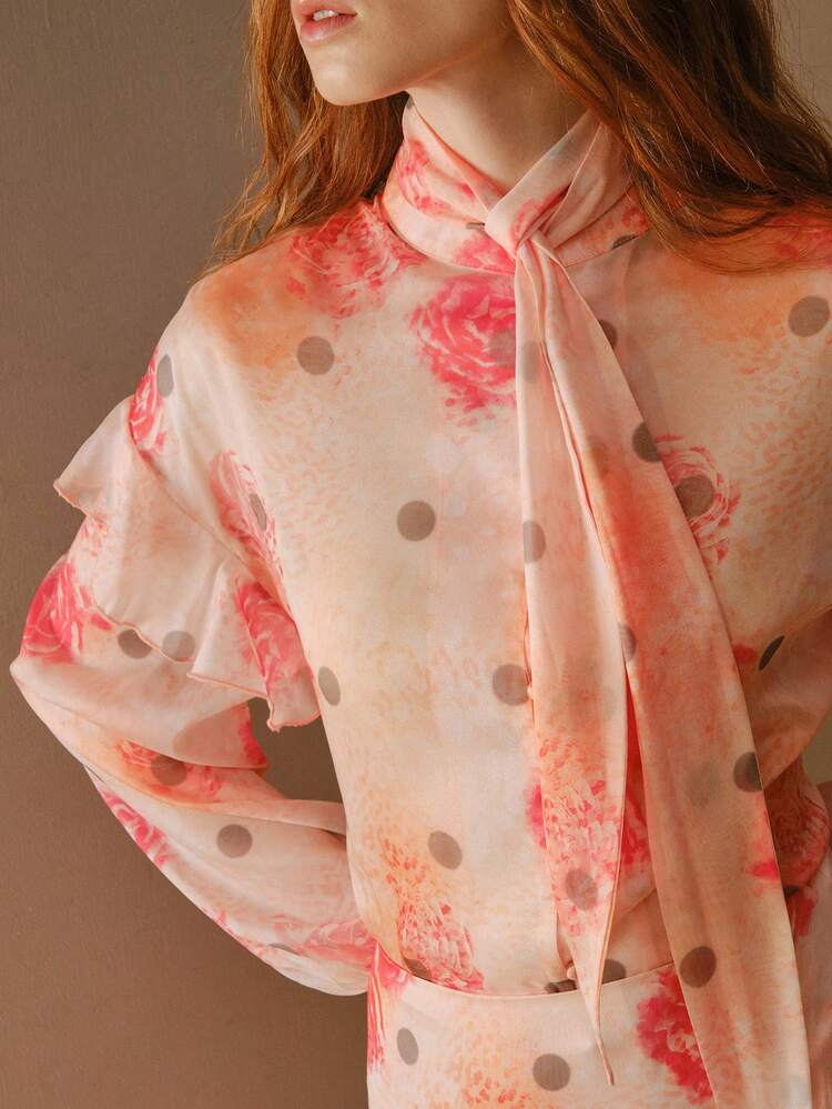 Blusa de mujer con estampado floral de lunares y volantes, manga farol y cuello de lazo