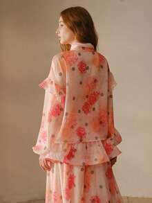 MOTF PREMIUM WOMEN'S FLORAL POLKA DOT PRINT RUFFLE LANTERN SLEEVE TIE NECK TOP - Multicolor - View 3